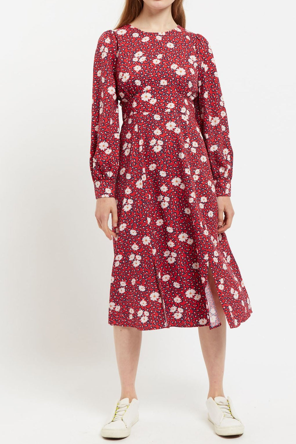 Louche Liv Roaring Daisy Print Long Sleeve Midi Dress Red