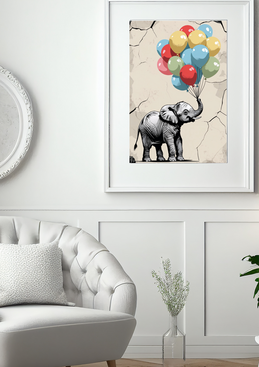 Up & Away – Elephant with Balloons Wall Art Print