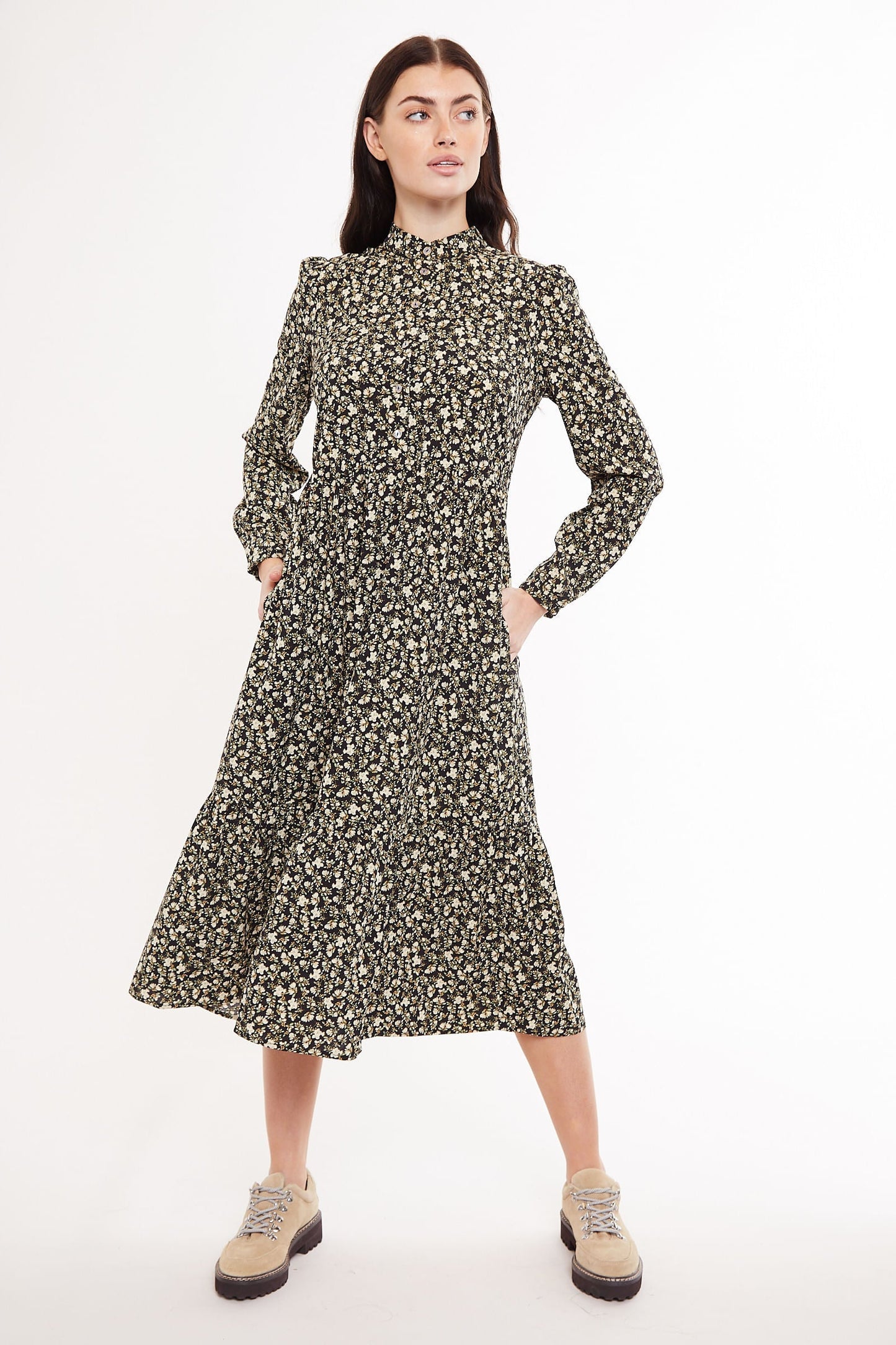 Macha Winter Garden Print Long Sleeved Tie Midi Dress