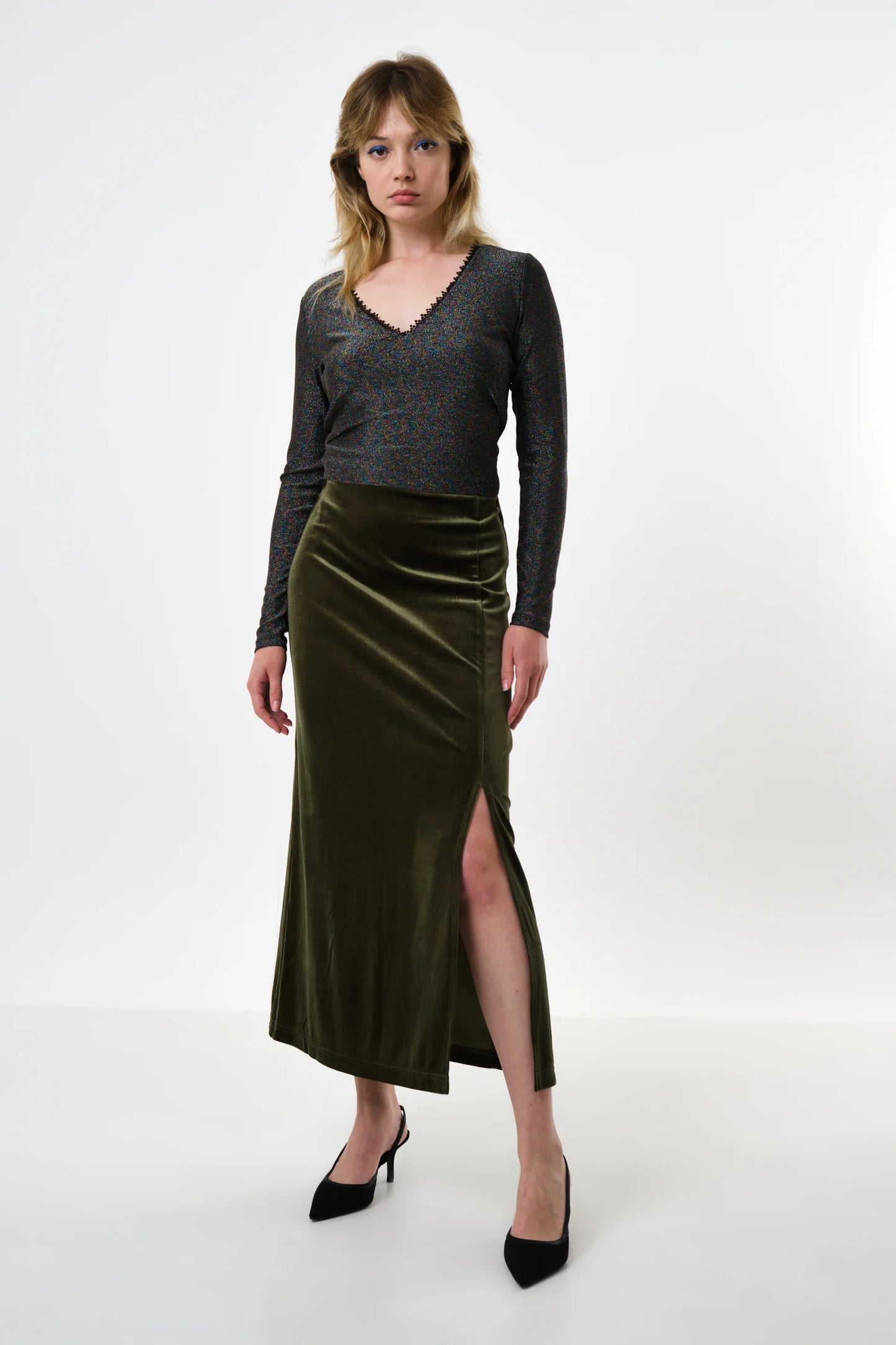 Mahee Velvet Midi Skirt - Sage