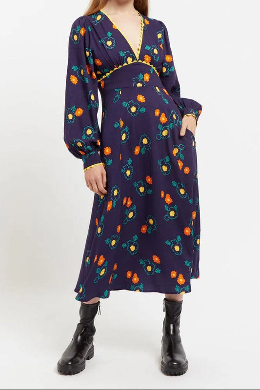 Marize Clarice Floral Print V Neck Long Sleeve Midi Dress