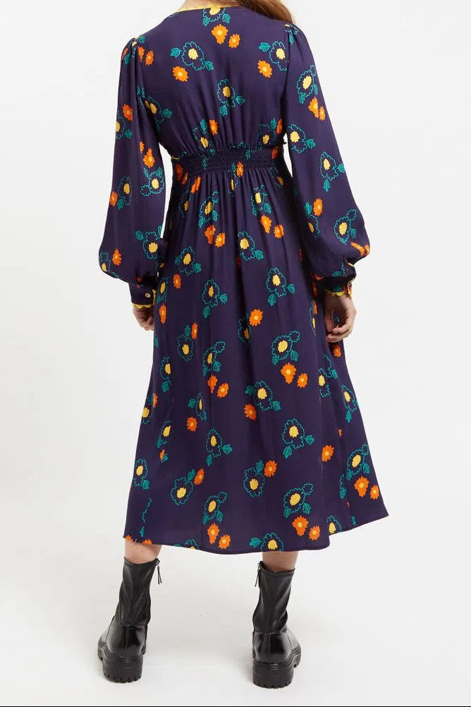 Marize Clarice Floral Print V Neck Long Sleeve Midi Dress