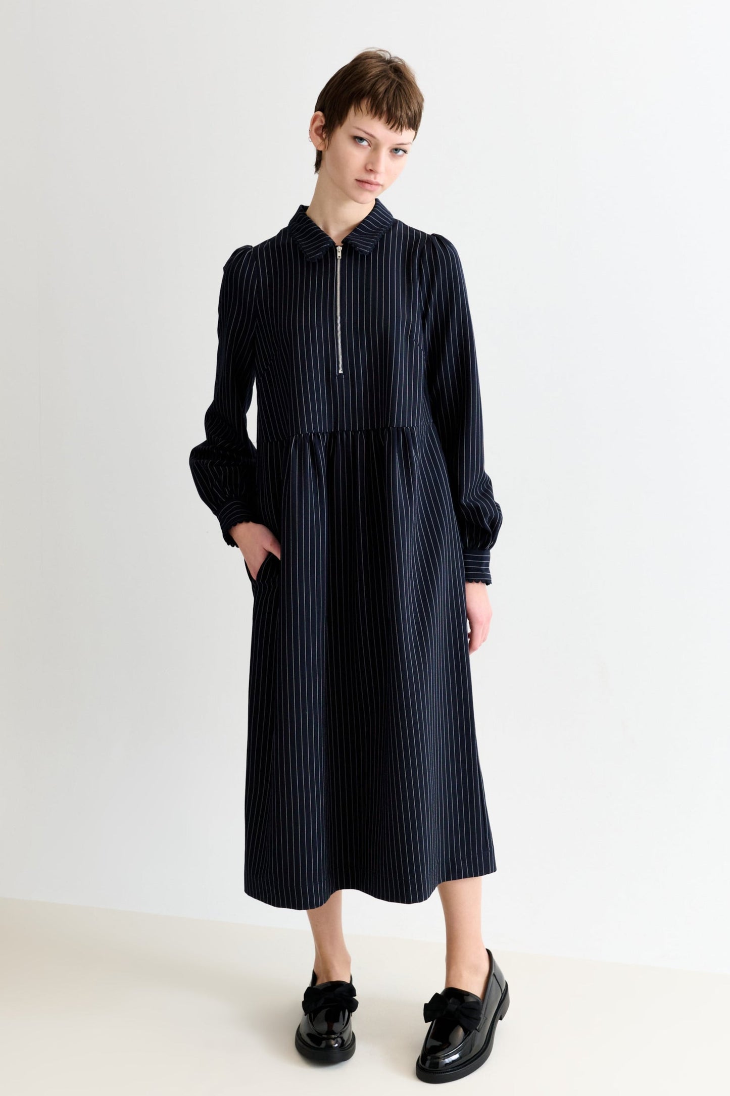 Manton Pinstripe Zip Front Lace Trim Midi Dress - Navy
