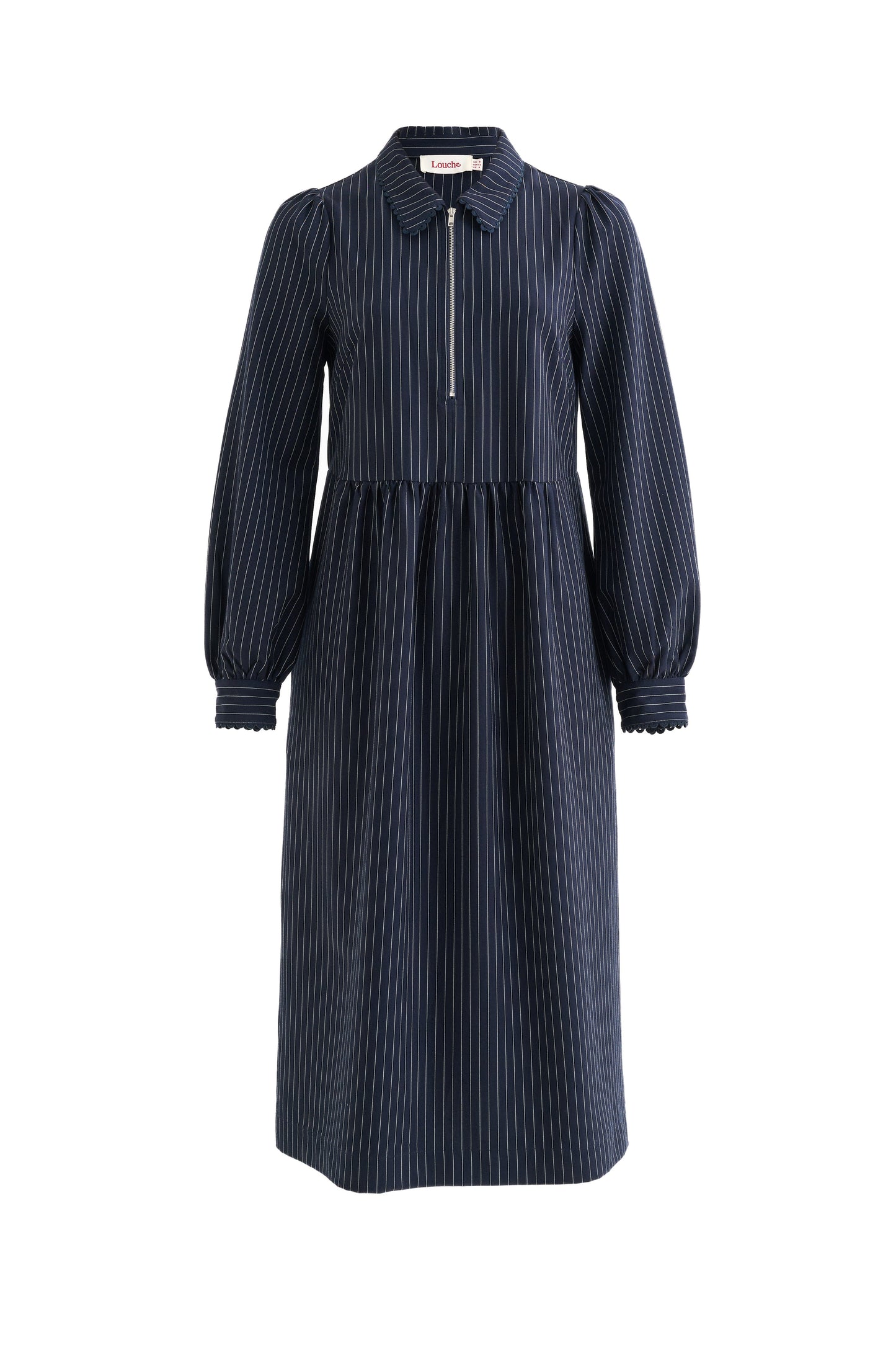 Manton Pinstripe Zip Front Lace Trim Midi Dress - Navy