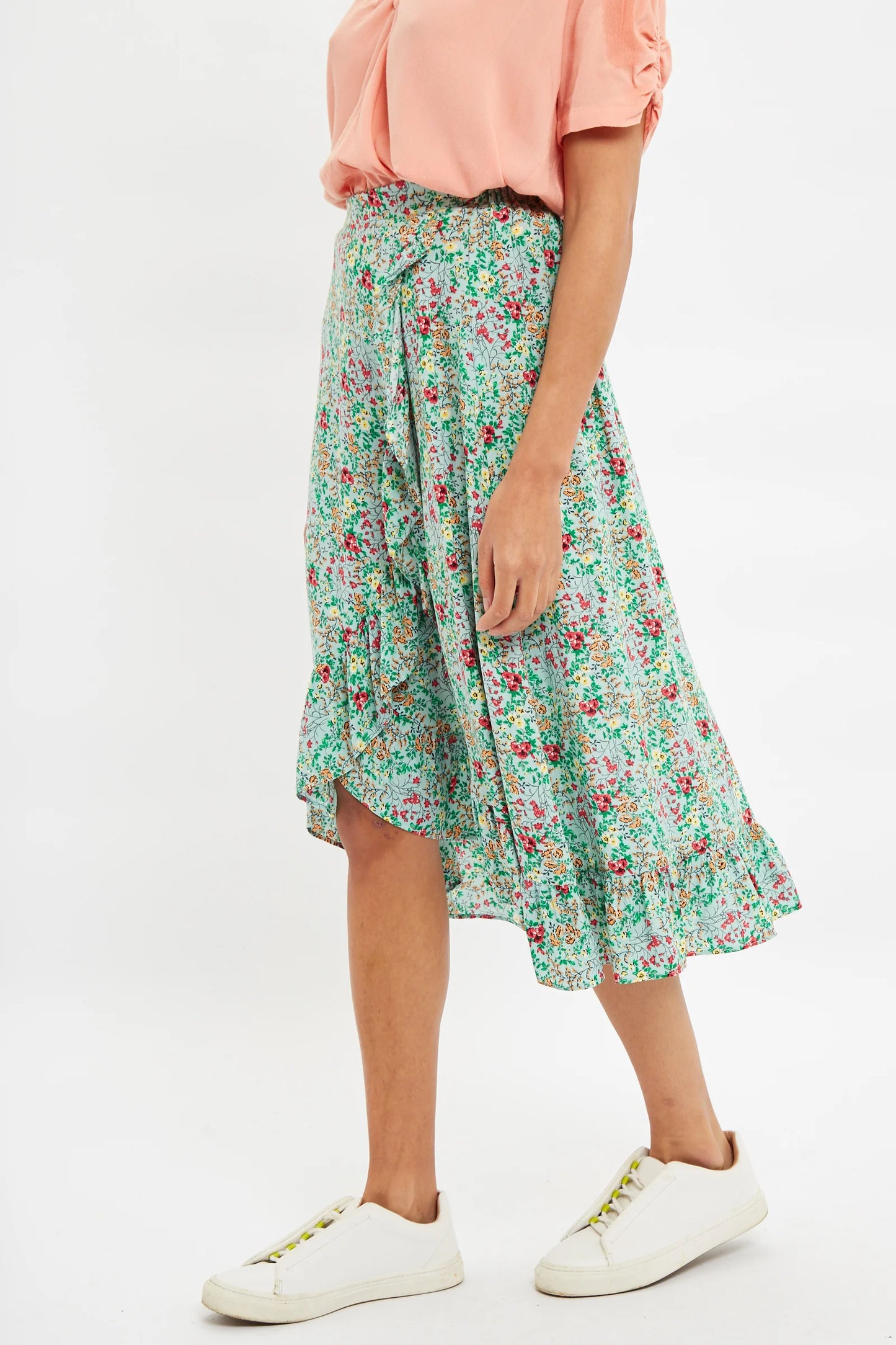 Louche Mara Flower Show Print Ruffle Hem Wrap Midi Skirt