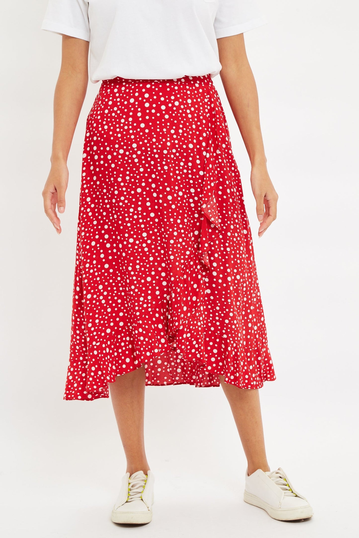 Louche Mara Spot It Print Ruffle Hem Wrap Midi Skirt Red