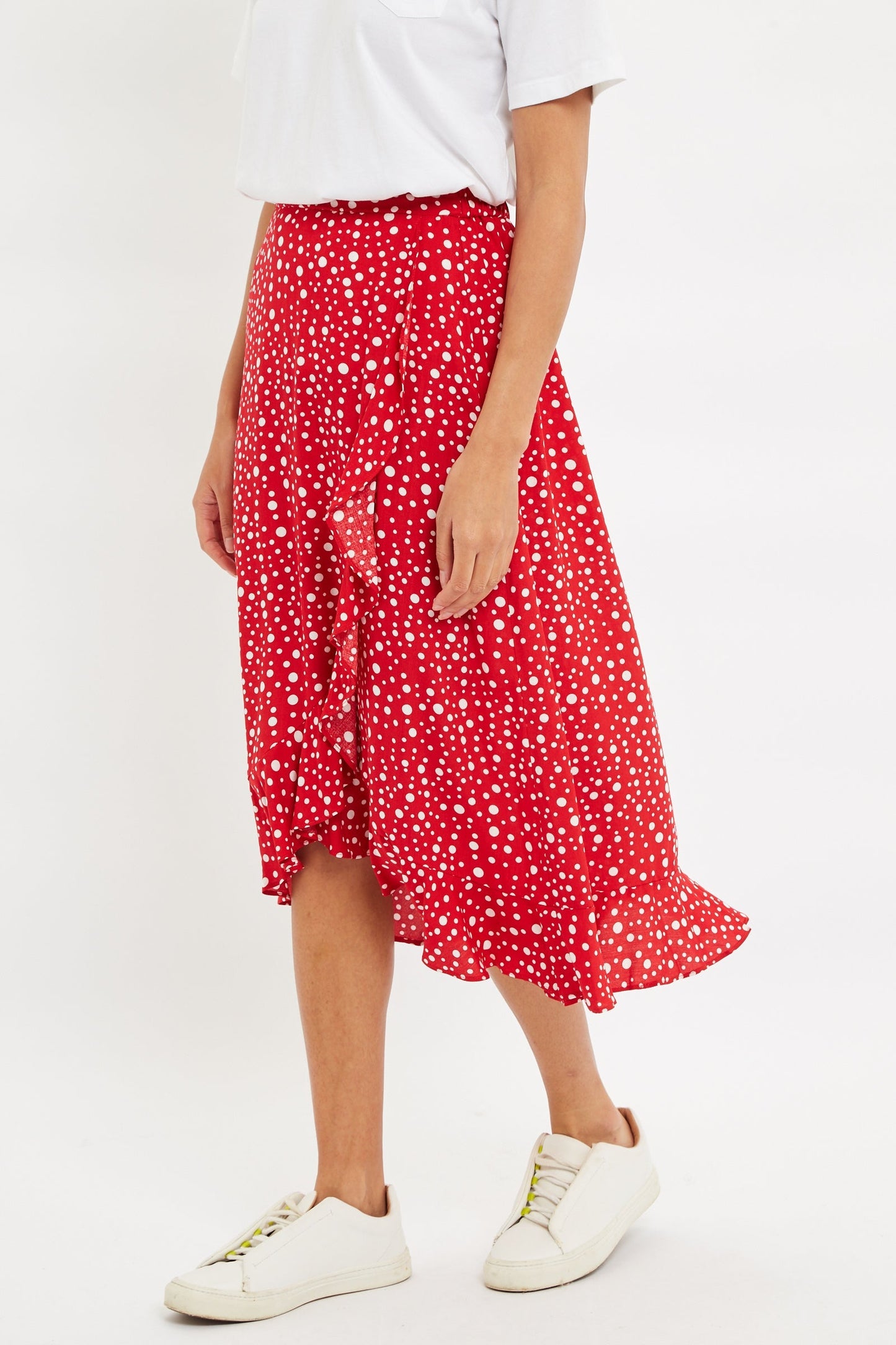 Louche Mara Spot It Print Ruffle Hem Wrap Midi Skirt Red