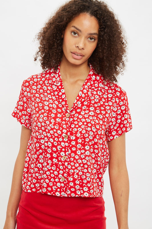 Louche Marika Flower Sketch Print Short Sleeve Shirt - Red