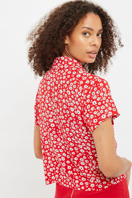 Louche Marika Flower Sketch Print Short Sleeve Shirt - Red