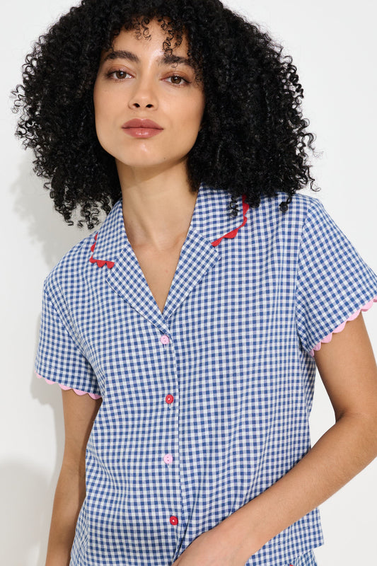 Marika Gingham Ric Rac Trim Resort Shirt - Blue