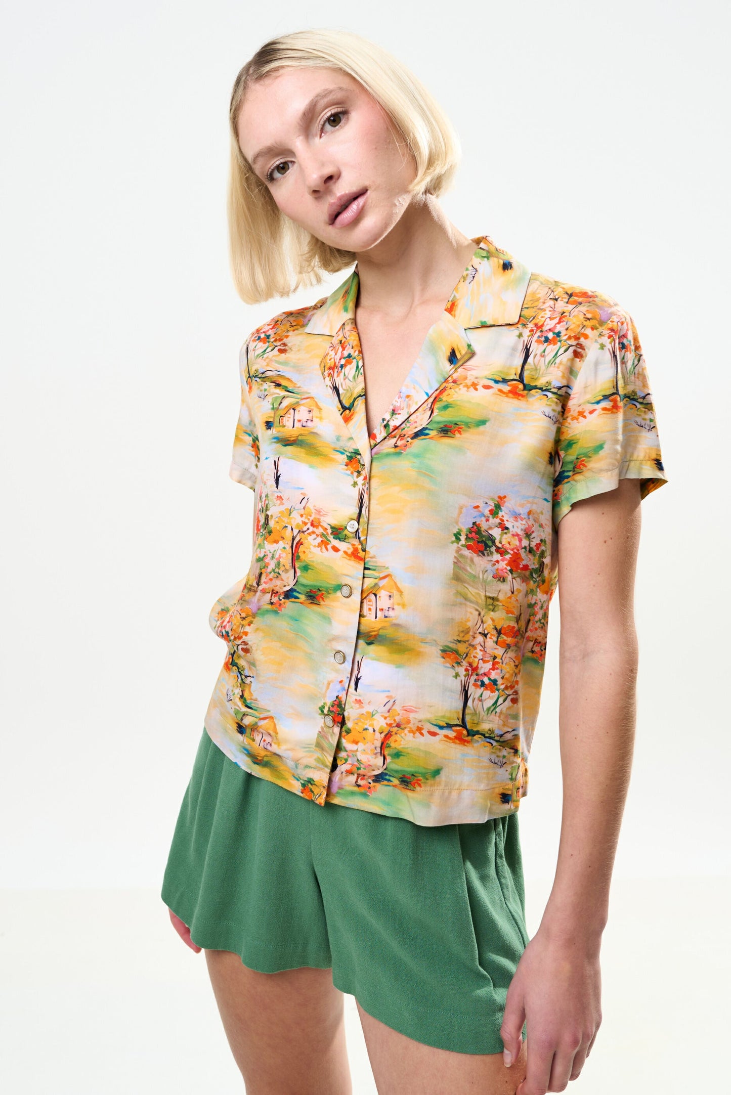 Marika Oriental Landscape Print Resort Shirt - Yellow
