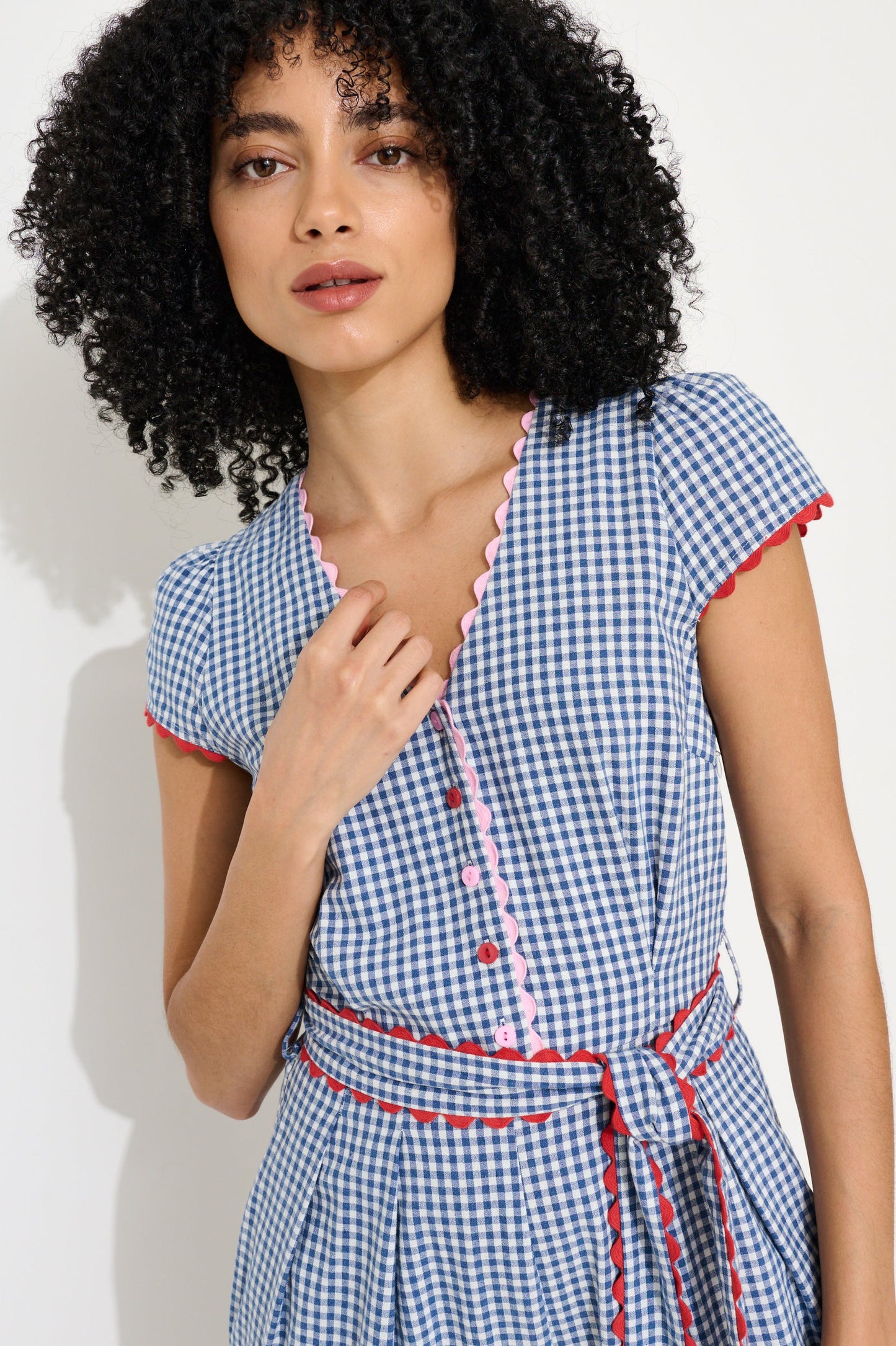 Marleen Gingham Ric Rac Trim Cropped Jumpsuit - Blue