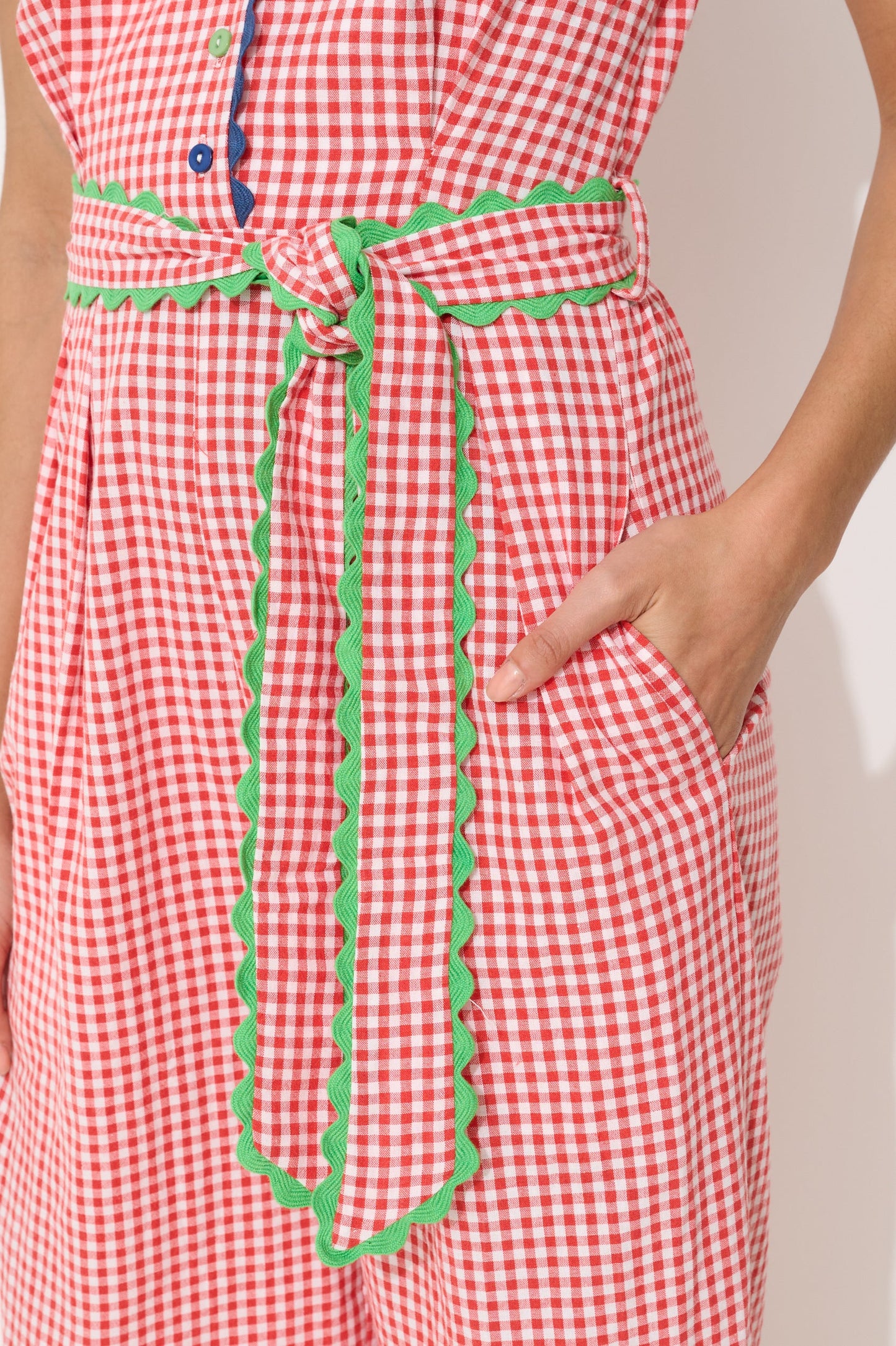 Marleen Gingham Ric Rac Trim Cropped Jumpsuit - Red