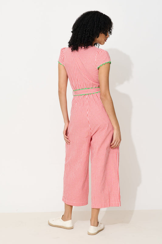 Marleen Gingham Ric Rac Trim Cropped Jumpsuit - Red