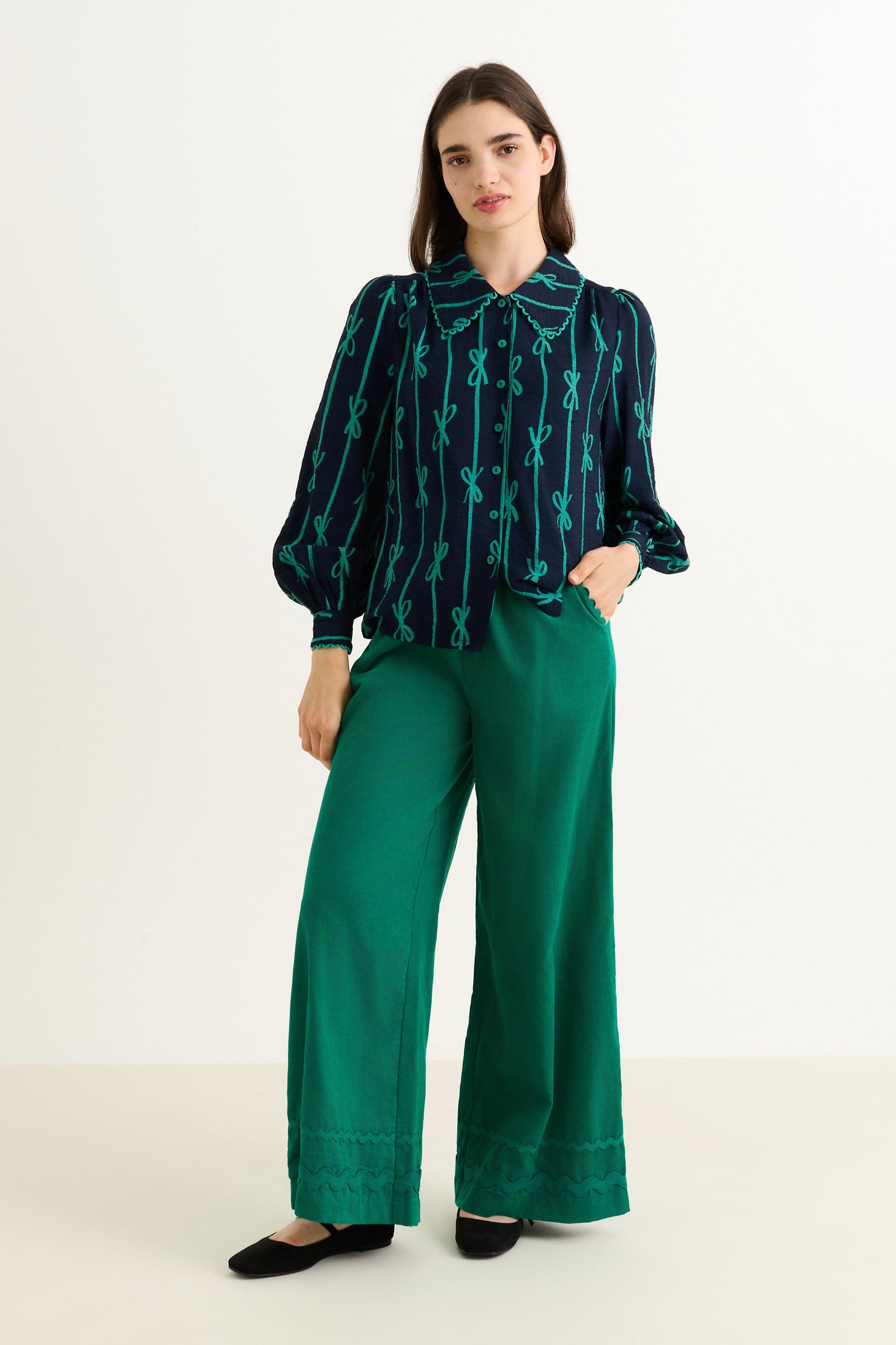 Martta Tie Up Lace Trimmed Collar Blouse - Navy