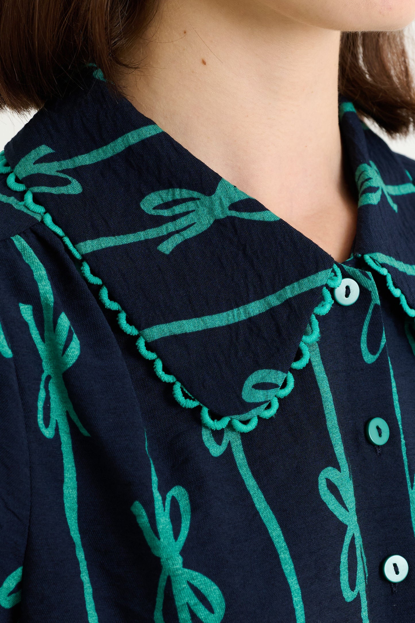 Martta Tie Up Lace Trimmed Collar Blouse - Navy