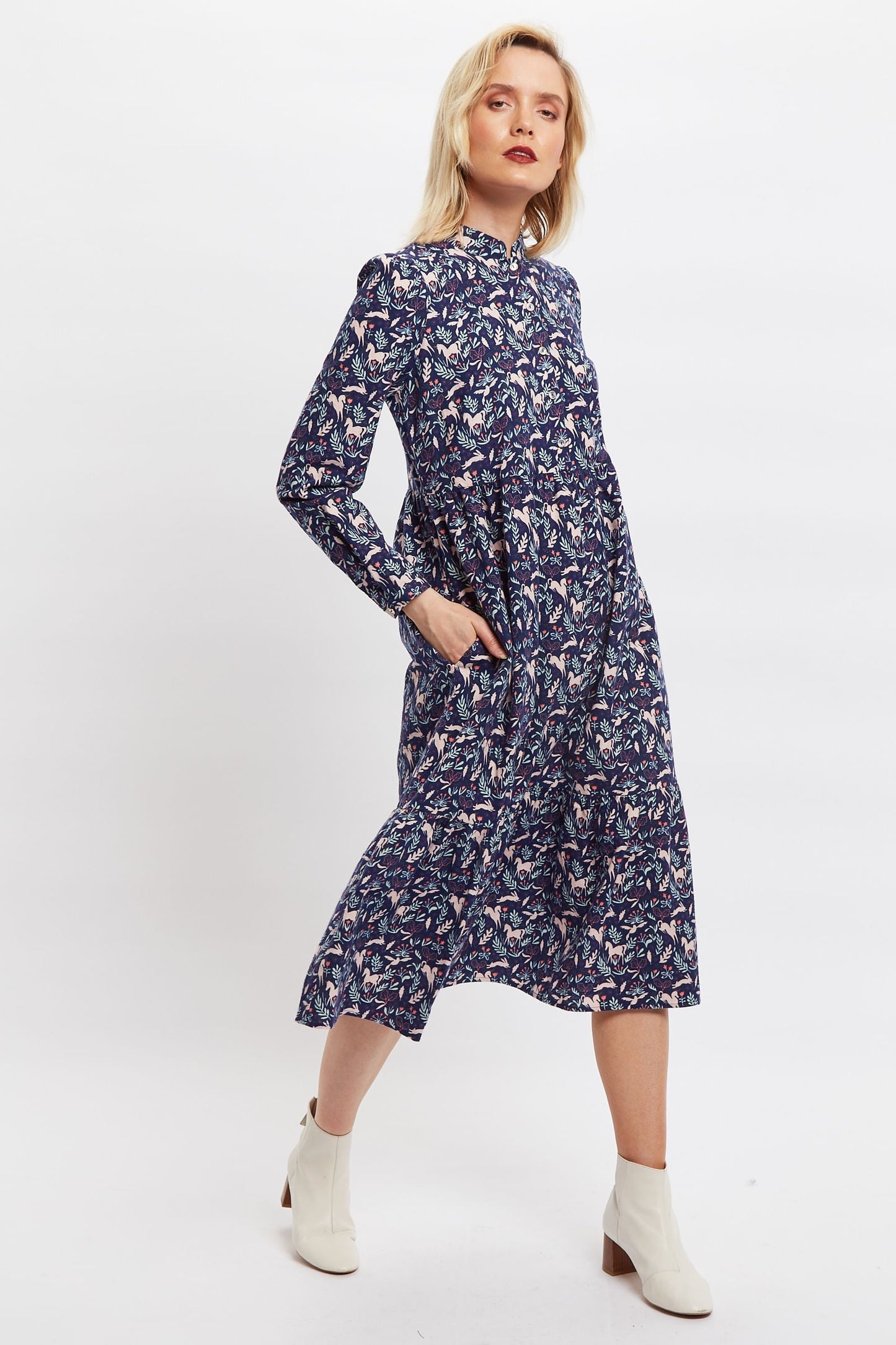 Macha Magic Forest Print Long Sleeve Tiered Midi Dress