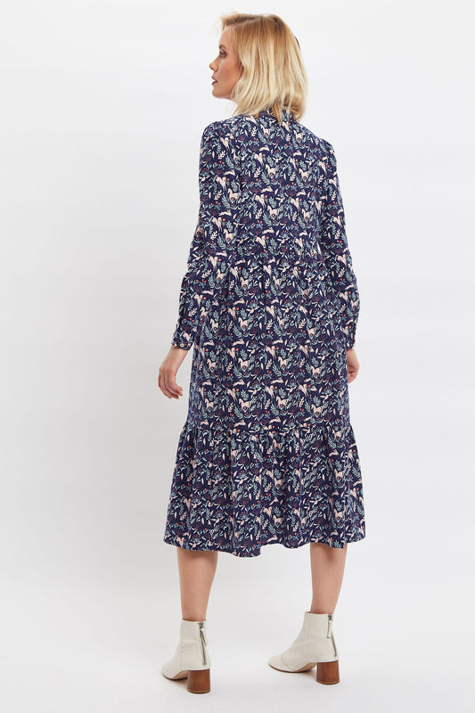 Macha Magic Forest Print Long Sleeve Tiered Midi Dress