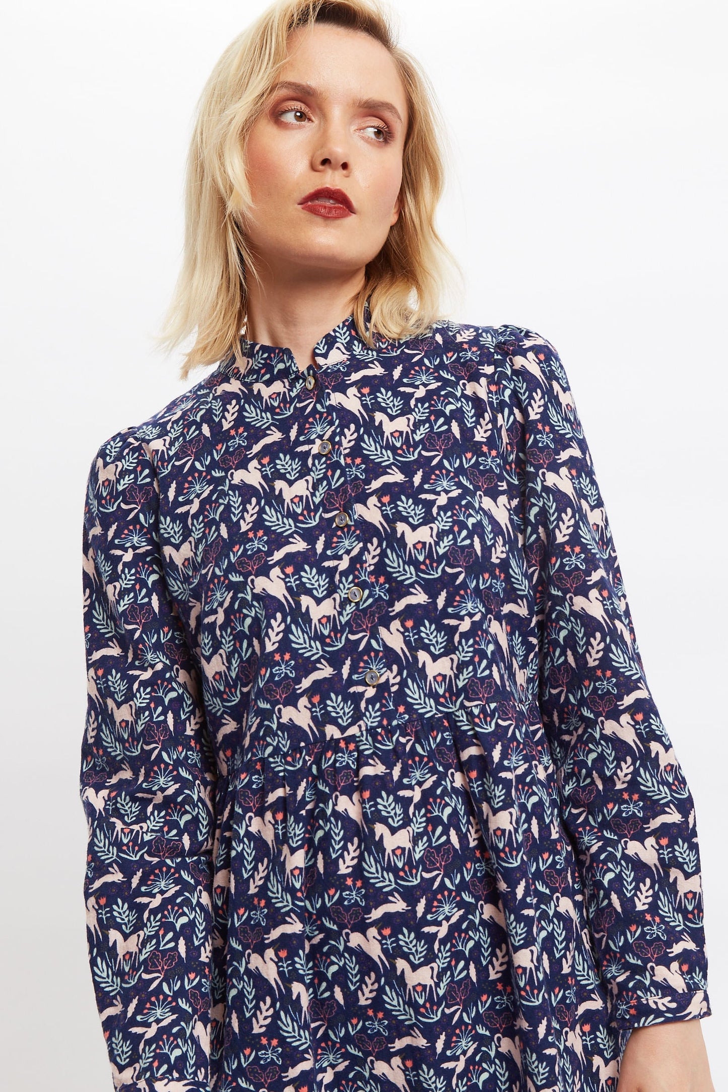 Macha Magic Forest Print Long Sleeve Tiered Midi Dress