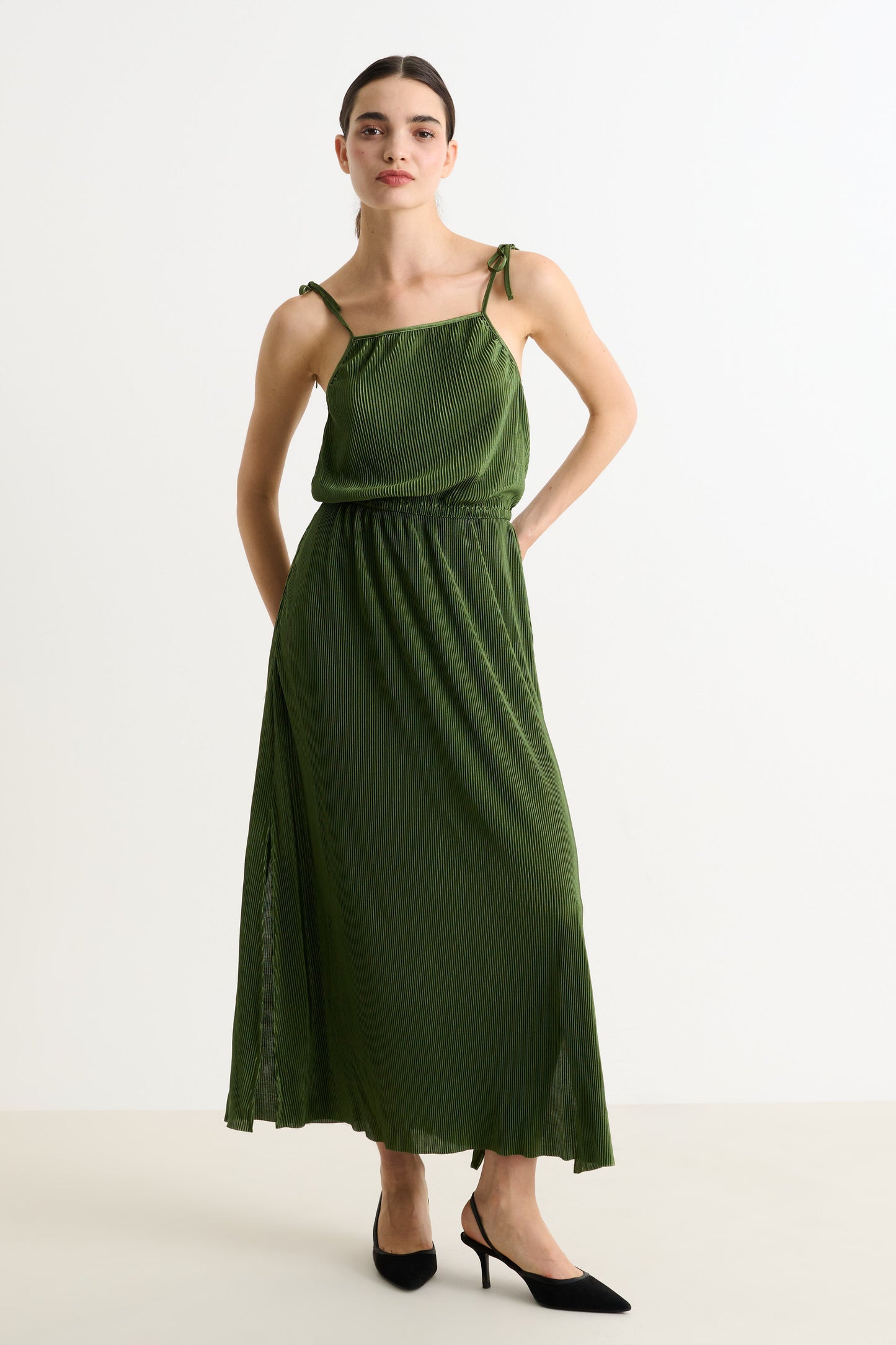 Mayra Pleat Sage Strappy Maxi Dress