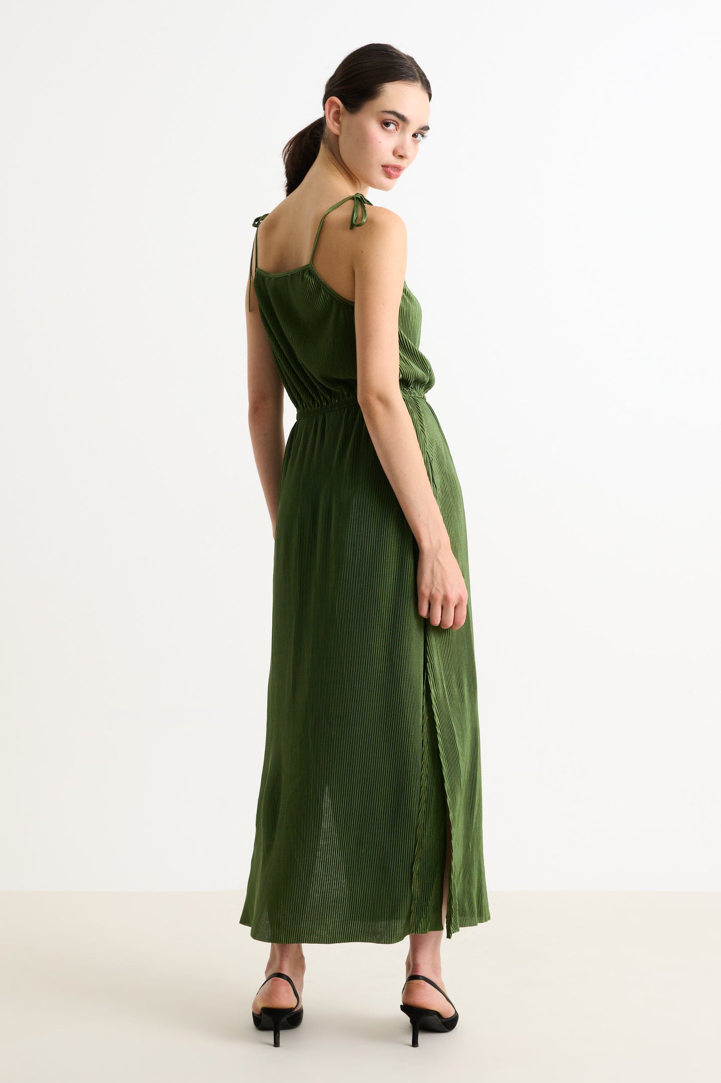 Mayra Pleat Sage Strappy Maxi Dress