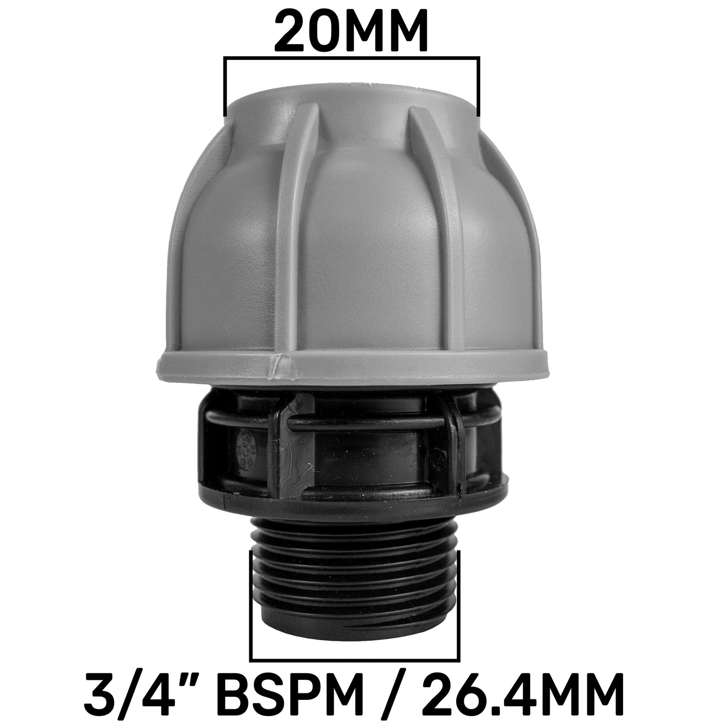 ¾” BSP Water Butt Fitting with Full Flow PP Valve and 20mm MDPE Fitting