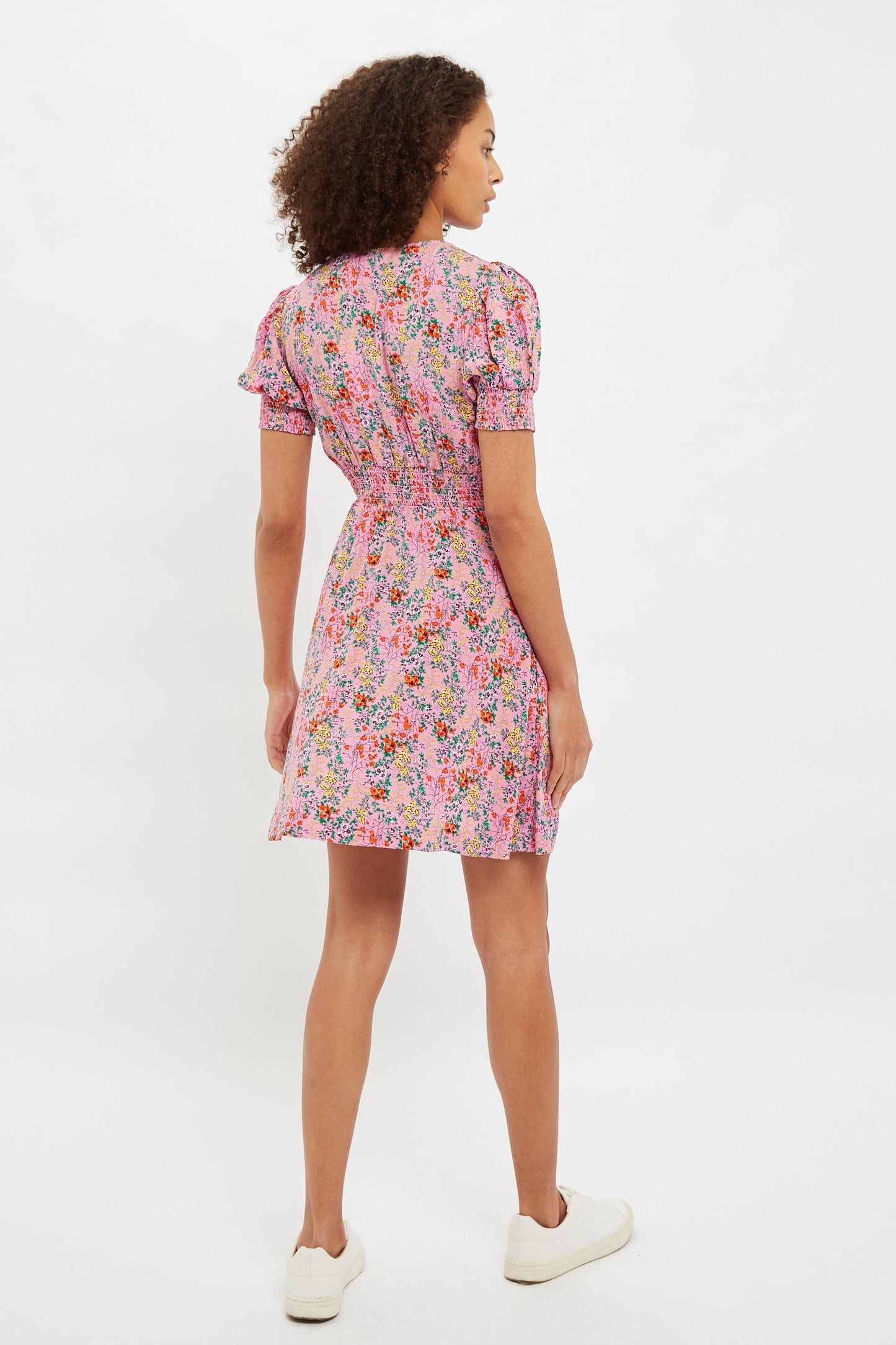 Louche Merle Flower Show Print V Neck Short Sleeve Tea Dress Pink