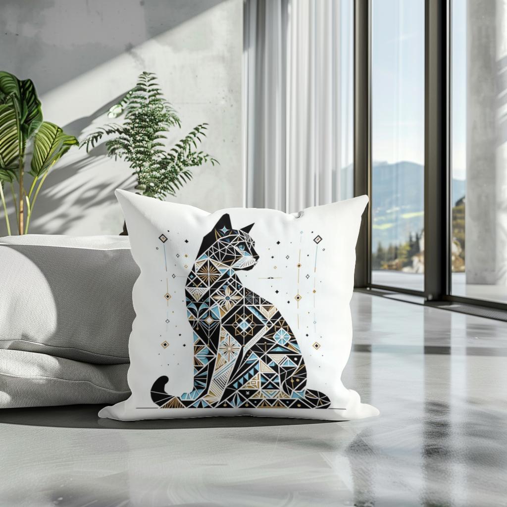 Mystic Azure Feline Mosaic Cotton Cushion