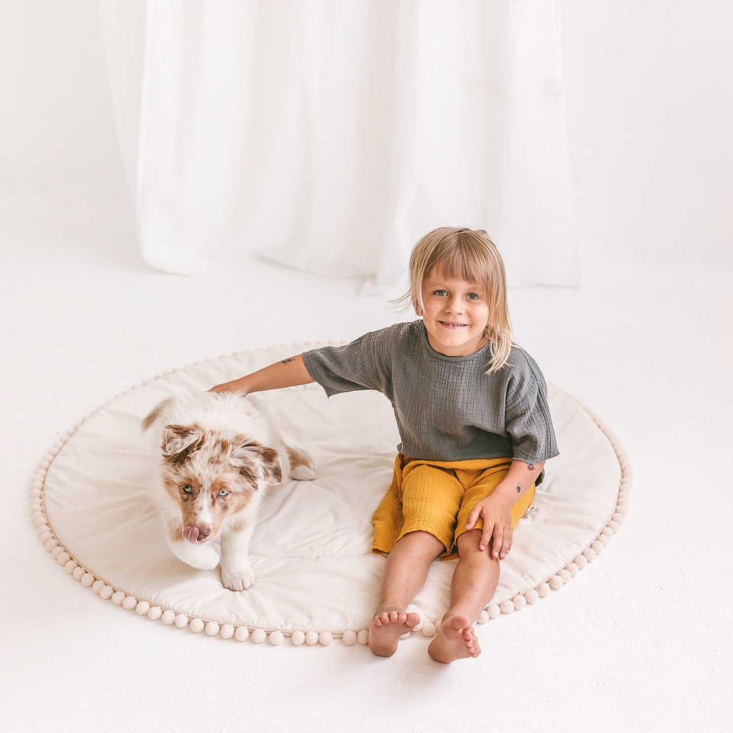 MINICAMP Kids Playmat with Pompom Border in Ecru
