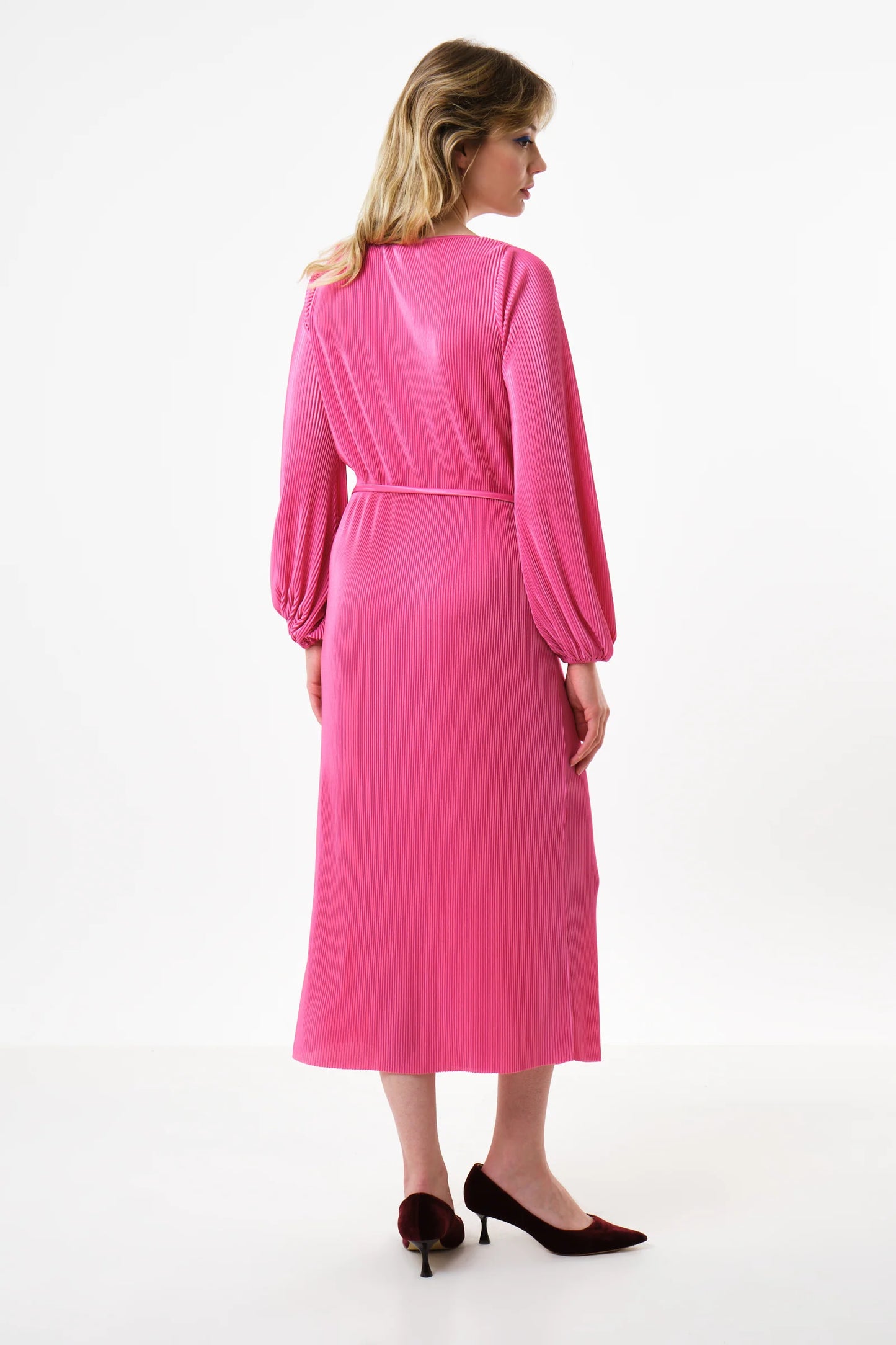 Milene Pleat Long Sleeve Midi Dress - Pink