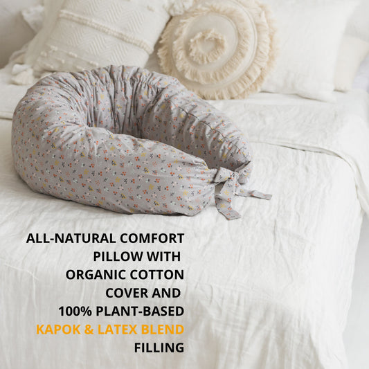 MINICAMP C-Shape Pillow with Organic Grey Cover | Kapok & Latex Blend or PES Filling