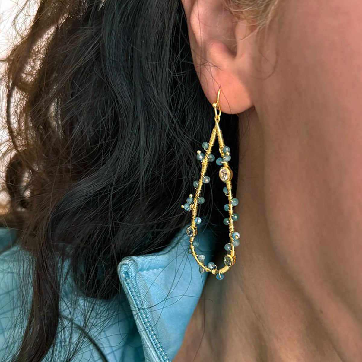 Hydra Large Teardrop Wire-Wrapped Gemstone Earrings Iolite, Blue Topaz & Apatite