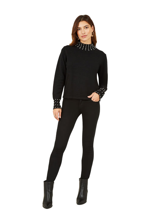Mela Black Pearl Detail High Neck Jumper