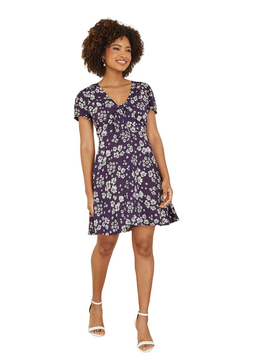 Mela Navy Floral Mini Skater Dress With Tie Front