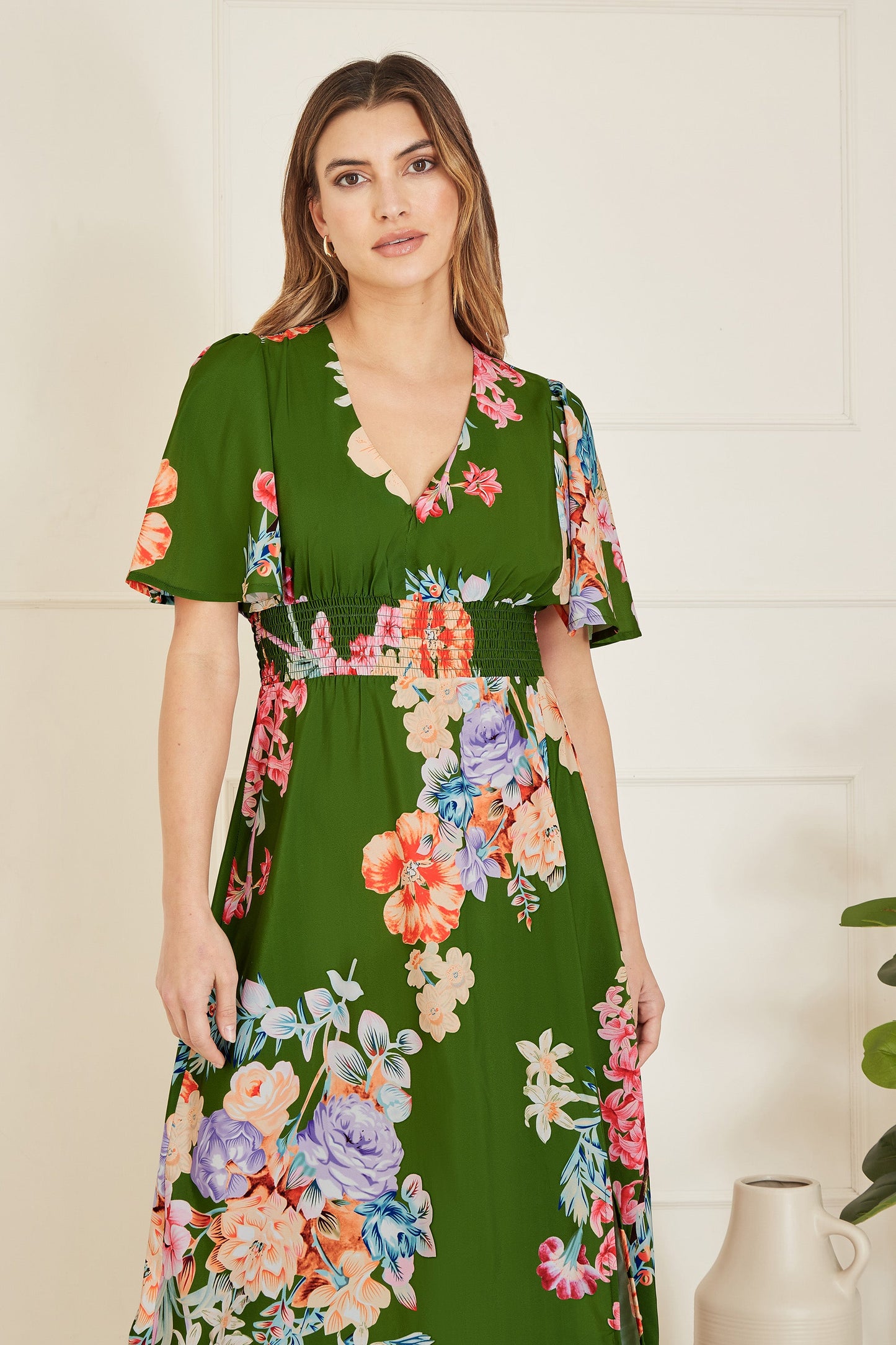 Mela Green Floral Ruched Waist Maxi Dress With Split Hemline