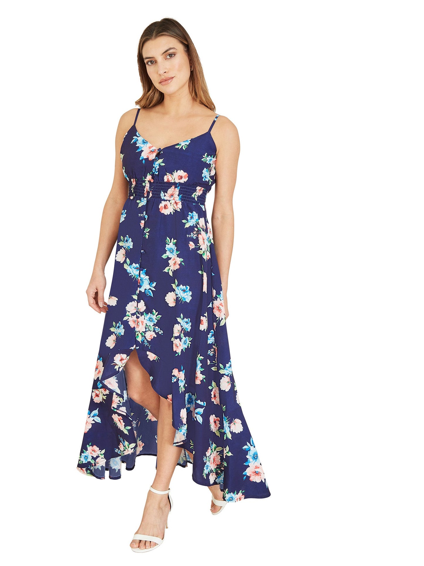 Mela Navy Floral High Low Frill Midi Dress