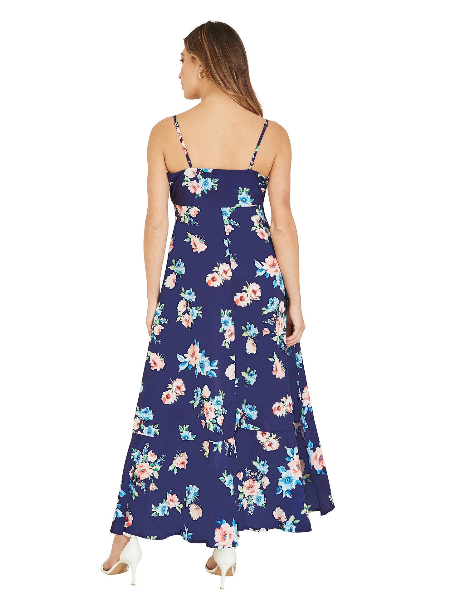 Mela Navy Floral High Low Frill Midi Dress