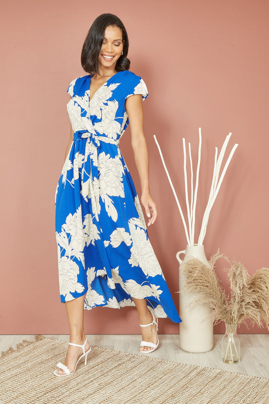 Yumi Blue Blossom Print Wrap Midi With Dipped Hem