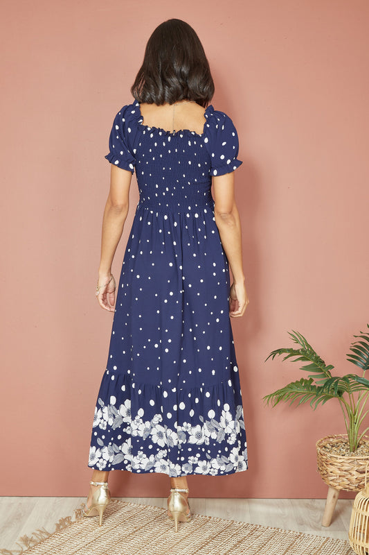 Yumi Navy Spot And Floral Print Border Ruched Midi Dress