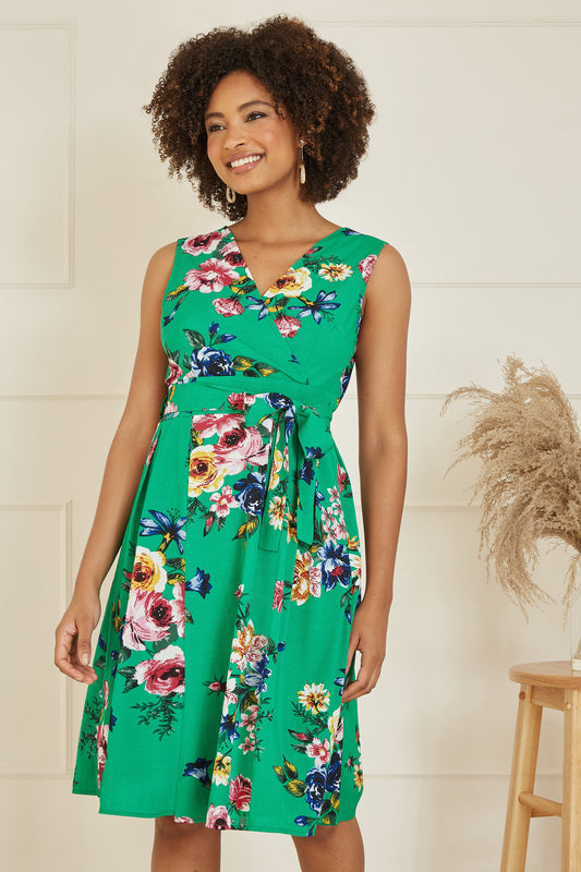Mela Green Floral Wrap Over Midi Skater Dress