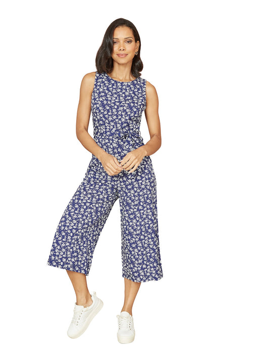 Mela Navy Ditsy Print Culotte Jumpsuit