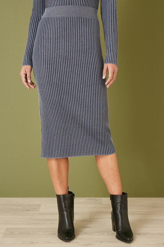 Yumi Blue Ribbed Knitted Midi Skirt