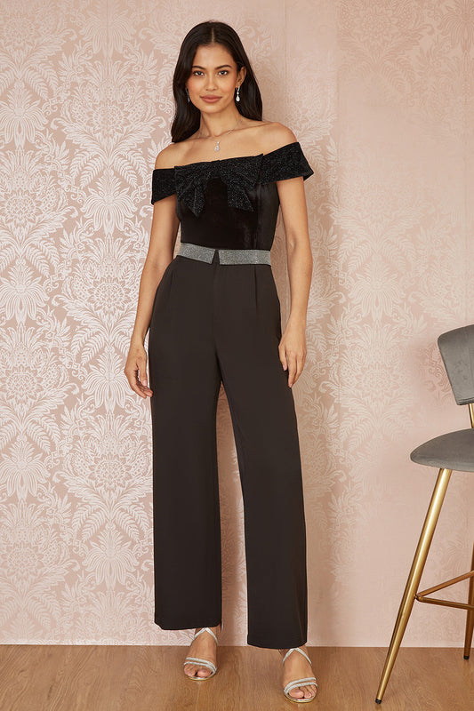 Mela Black Sparkle Black Velvet Bow Bardot Top