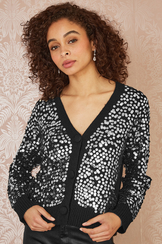 Mela Black Sequin Knitted Cardigan