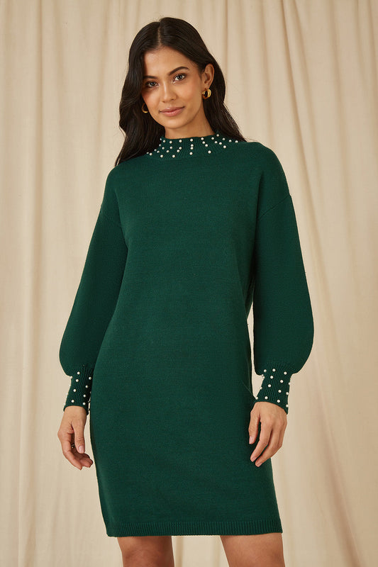 Yumi Green Pearl Detail Knitted Relaxed Jumper Dress