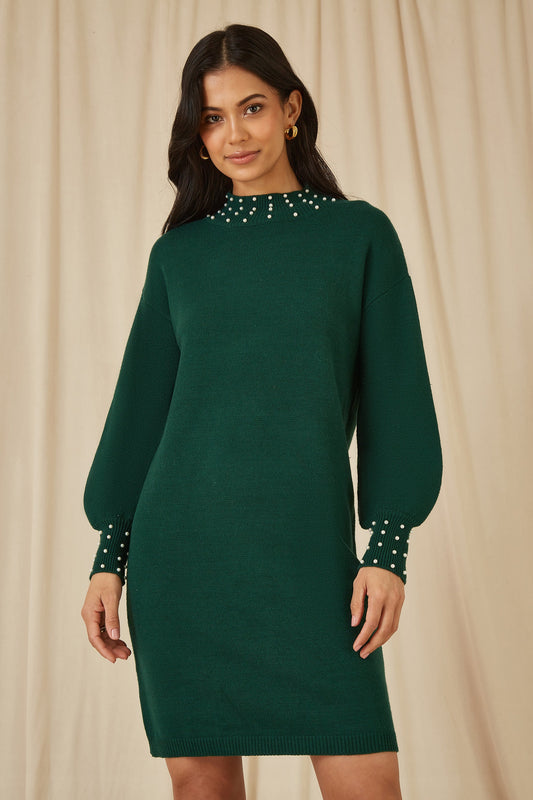 Mela Green Pearl Detail Knitted Relaxed Jumper Dress
