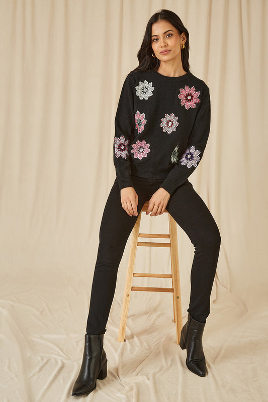 Mela Black Sequin Flower Jumper