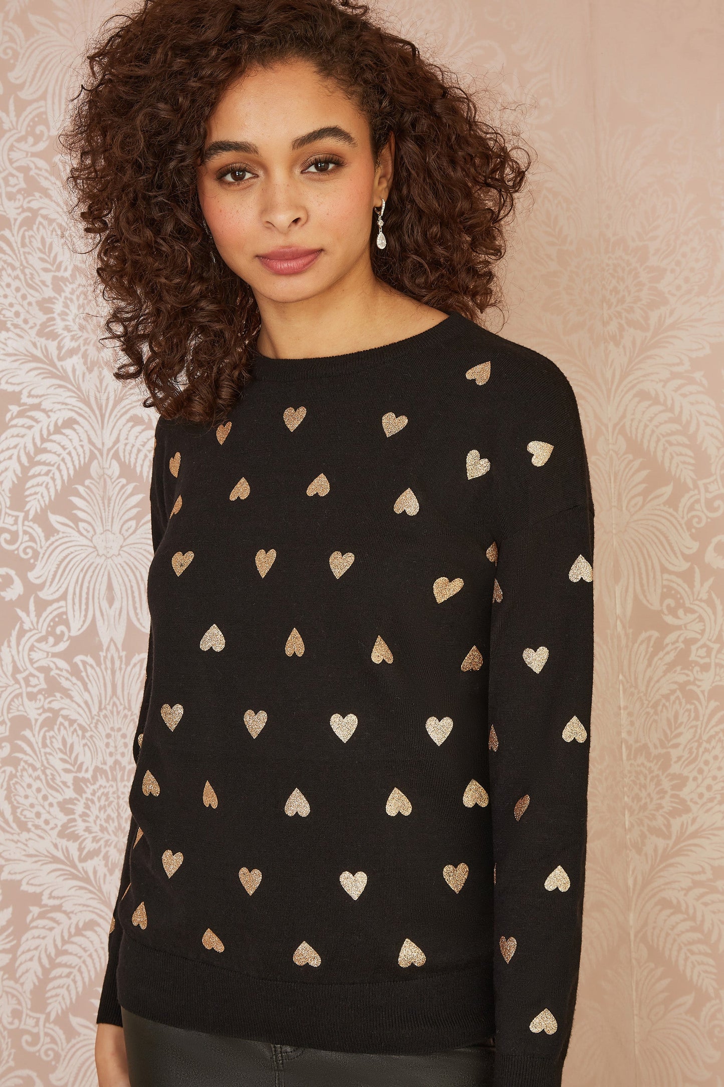 Yumi Black Gold Foil Heart Print Relaxed Fit Jumper
