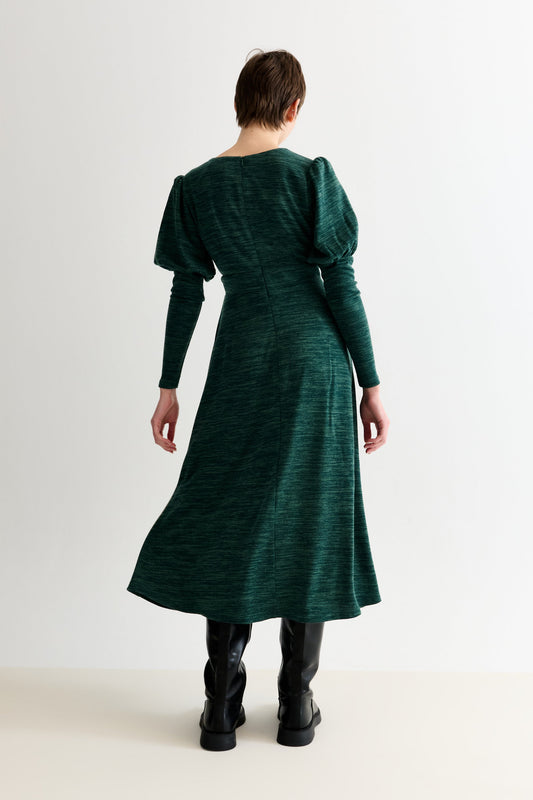 Moa Sustainable Marl Puff Sleeve V Neck Midi Dress - Green