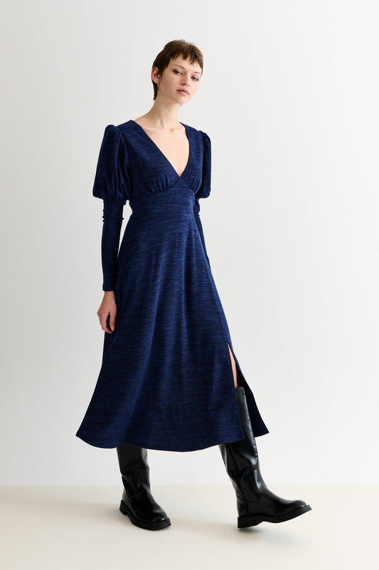 Moa Sustainable Marl Puff Sleeve V Neck Midi Dress - Navy